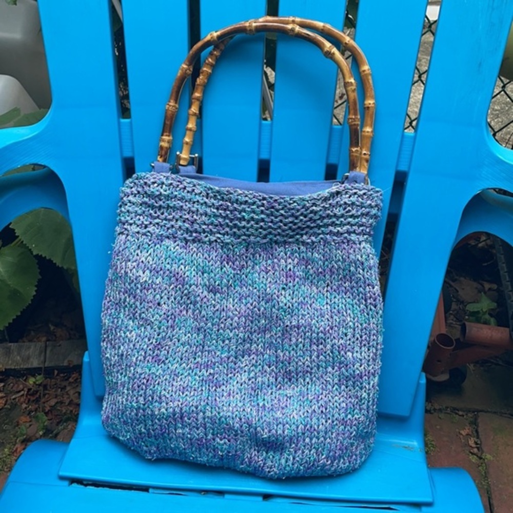 Vintage blue knit crochet bamboo shoulder bag